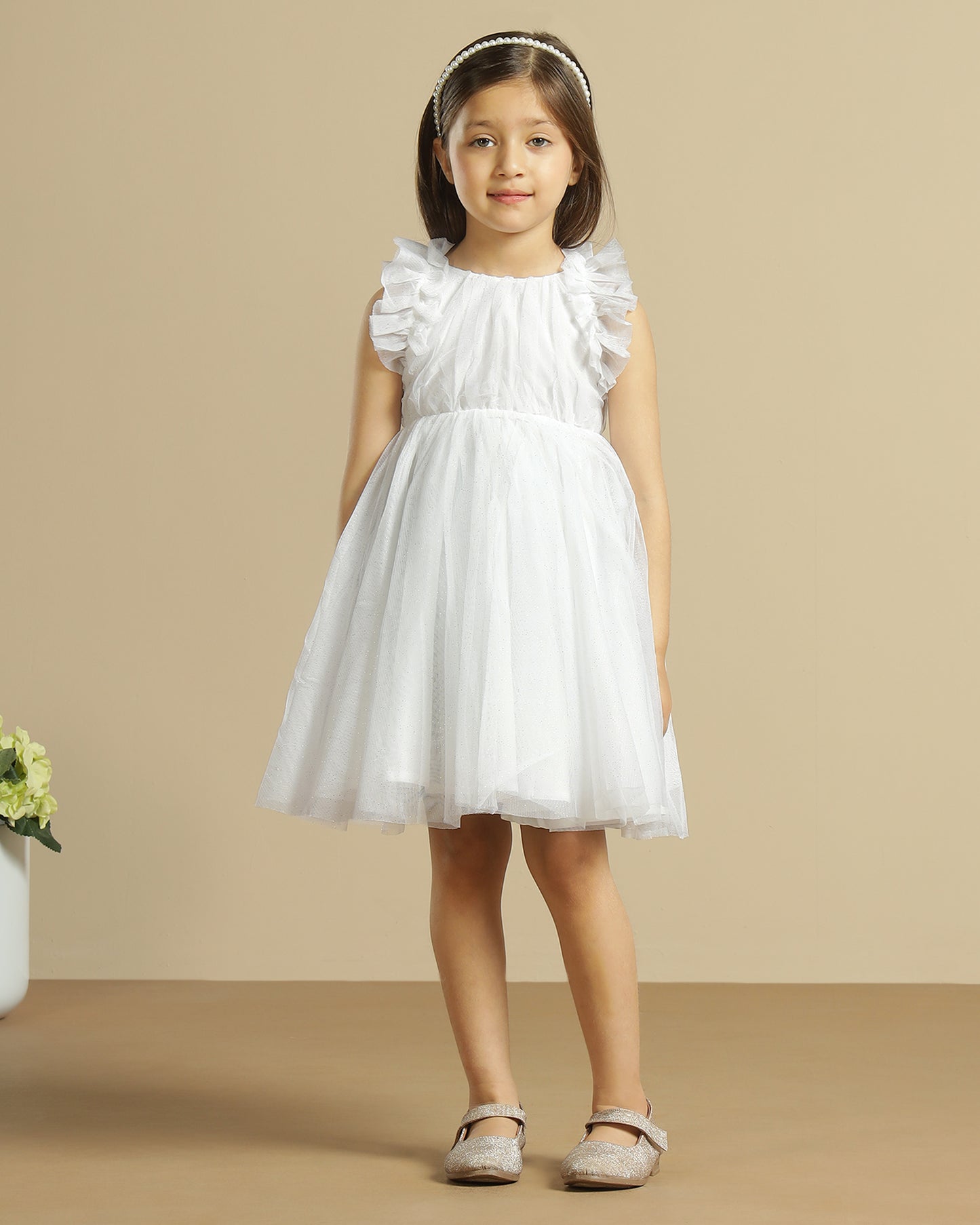 Girls White Glitter Net Dress