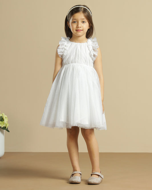 Girls White Glitter Net Dress
