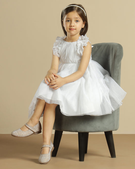 Girls White Glitter Net Dress
