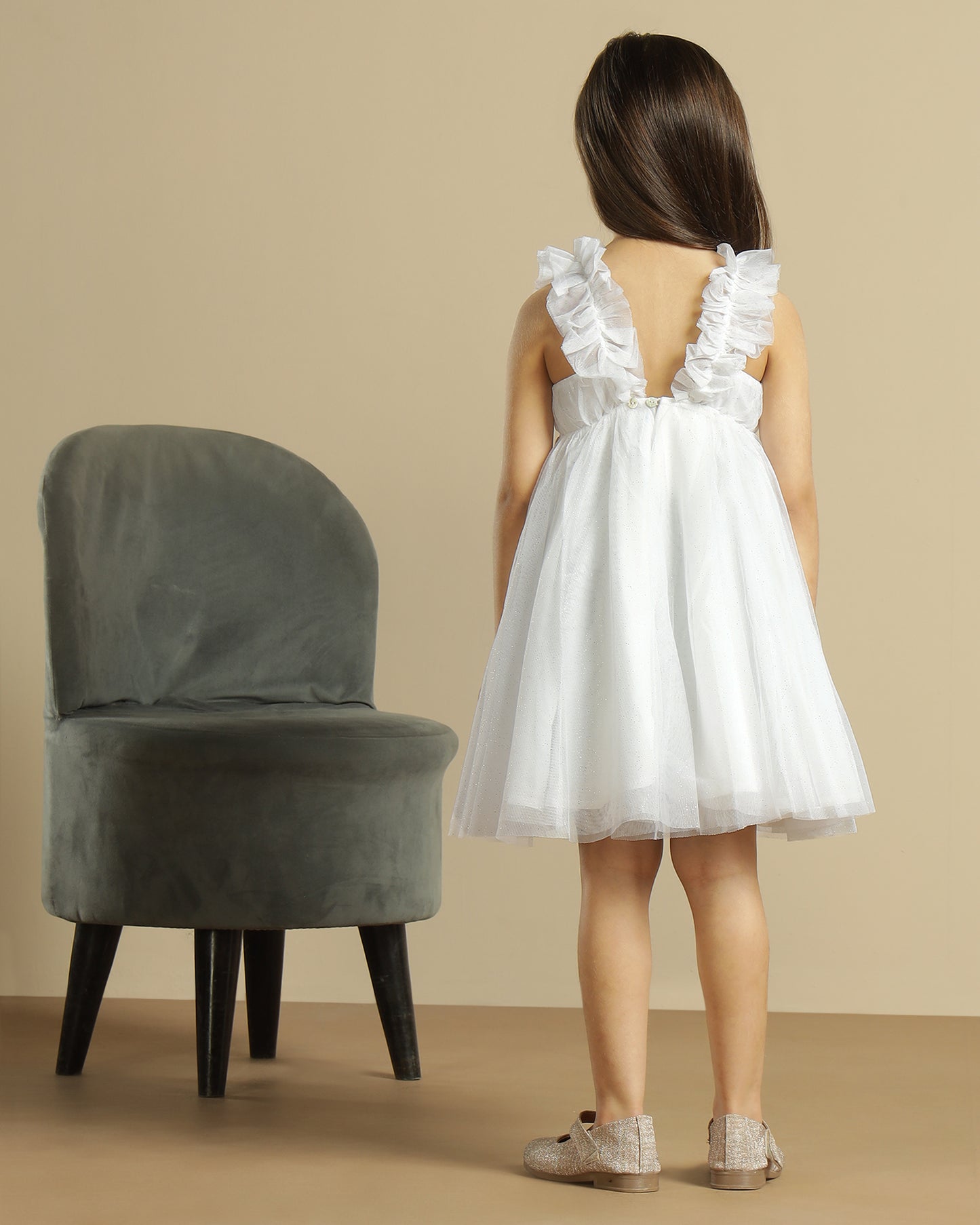 Girls White Glitter Net Dress