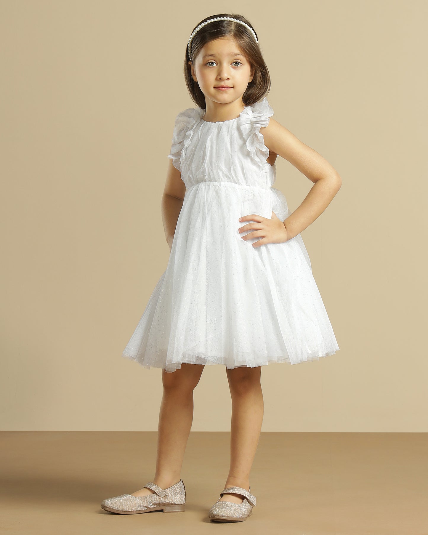 Girls White Glitter Net Dress