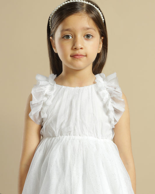 Girls White Glitter Net Dress