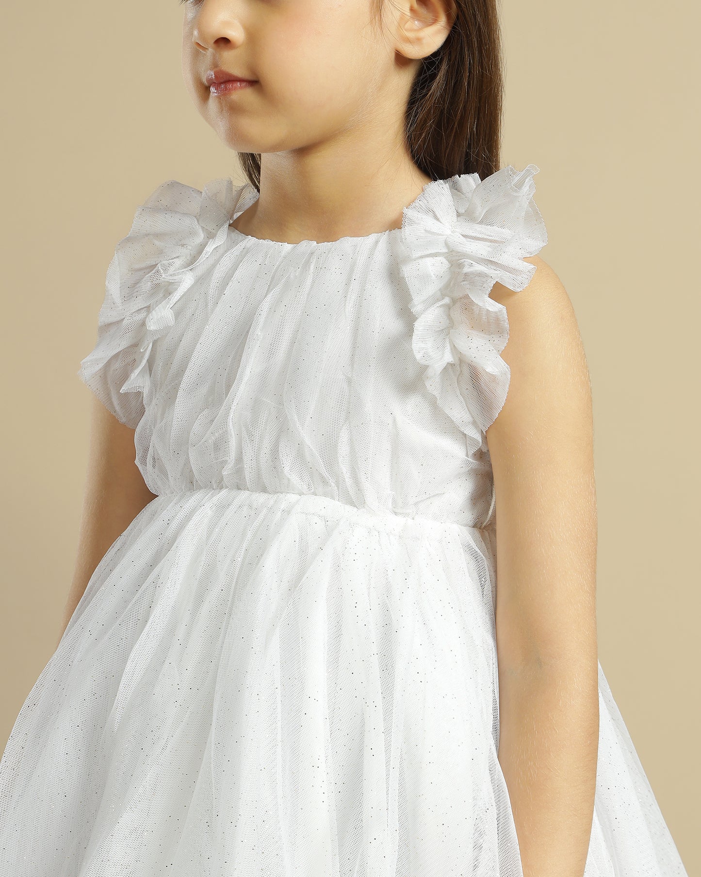 Girls White Glitter Net Dress