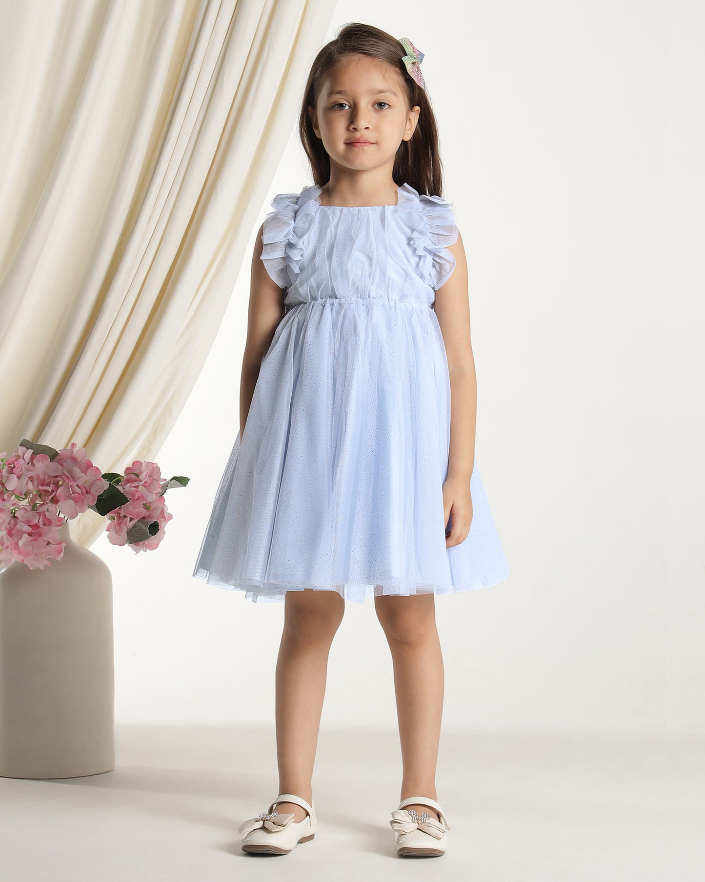Girls Light Blue Glitter Net Dress