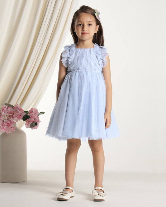 Girls Light Blue Glitter Net Dress