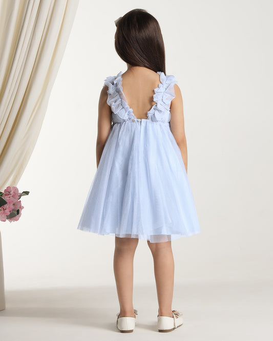 Girls Light Blue Glitter Net Dress