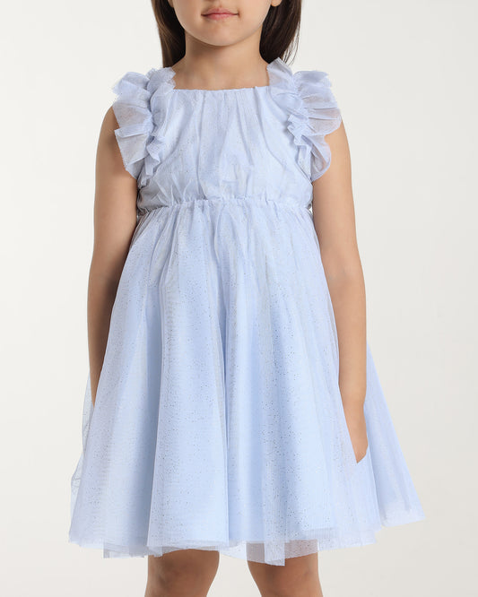 Girls Light Blue Glitter Net Dress