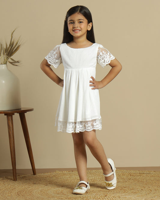Girls White Net Embroidered Dress