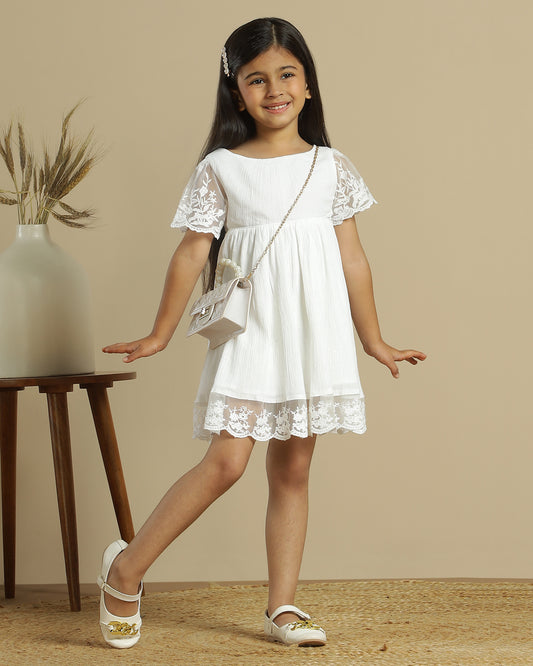 Girls White Net Embroidered Dress