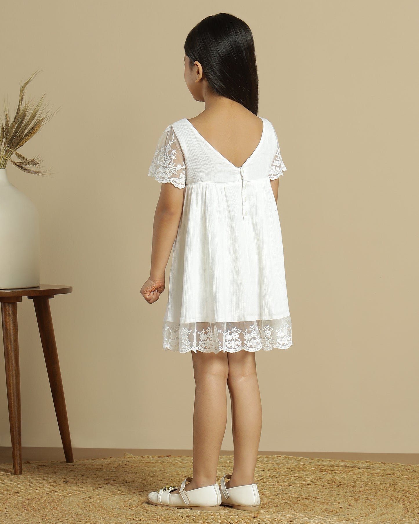 Girls White Net Embroidered Dress
