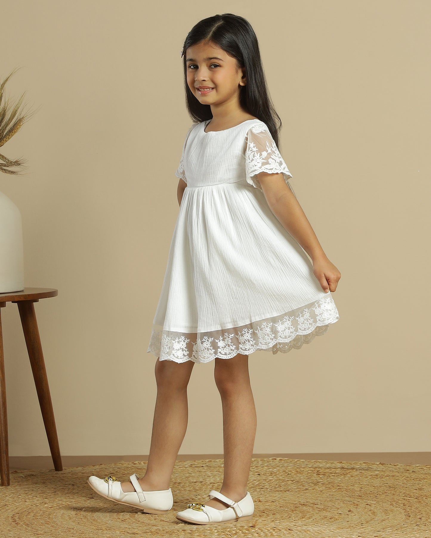 Girls White Net Embroidered Dress