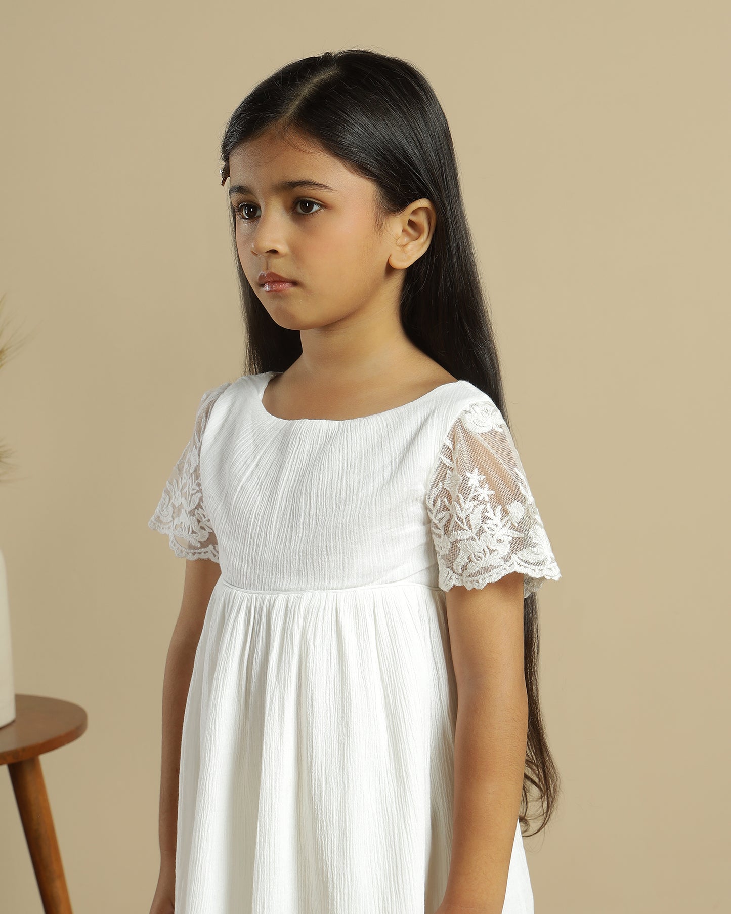 Girls White Net Embroidered Dress
