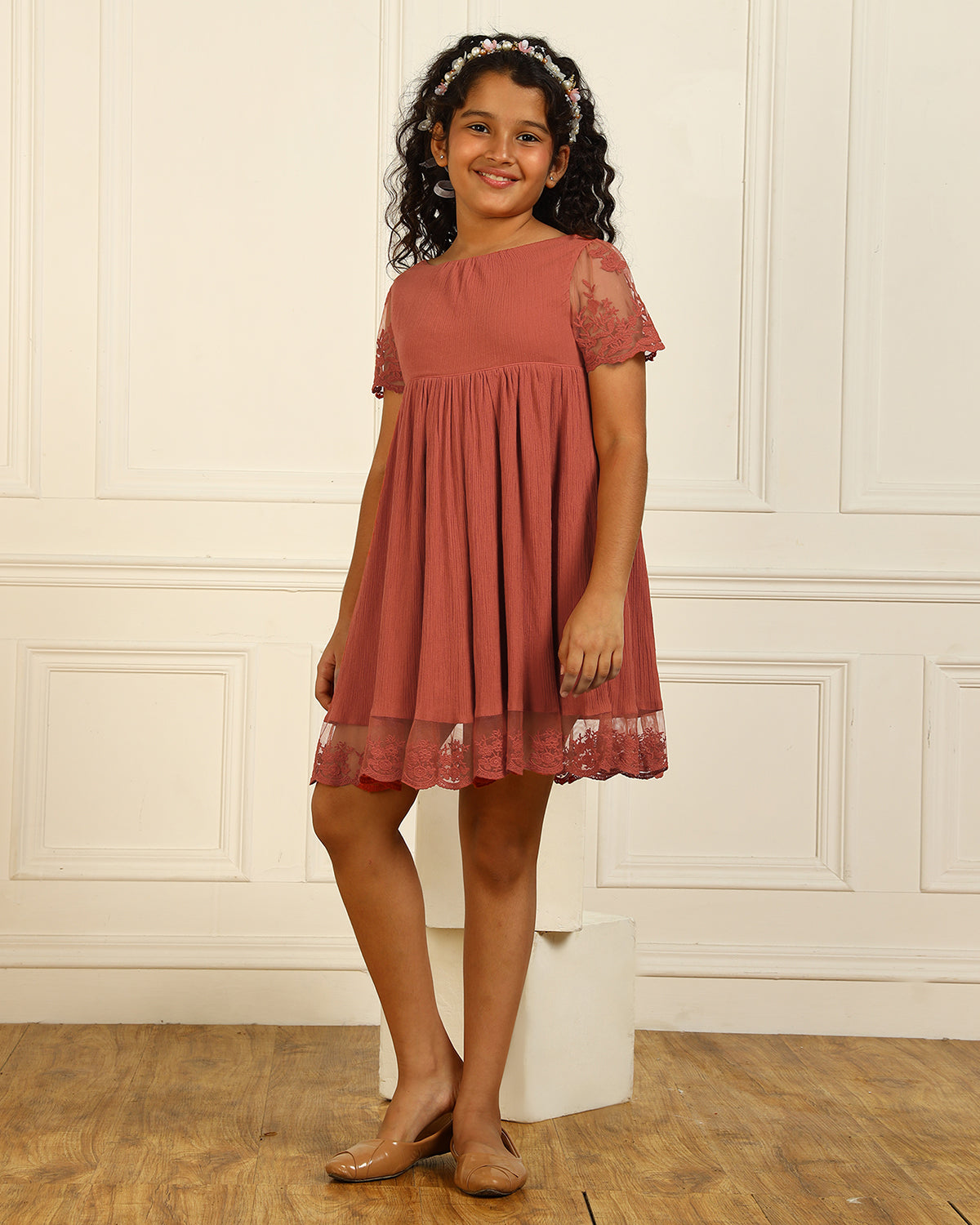 Girls Rust Lace Sleeve Flared Dress