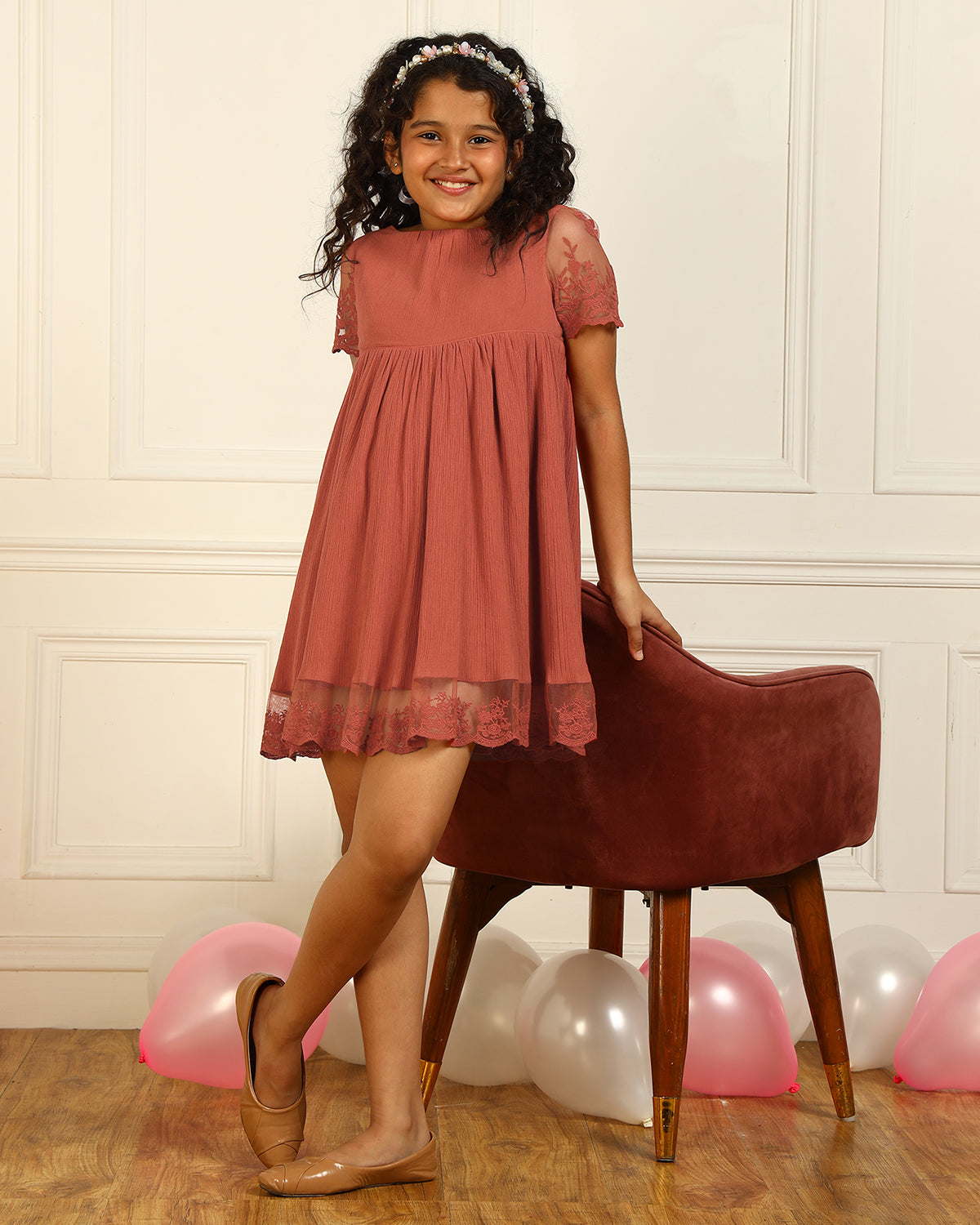 Girls Rust Lace Sleeve Flared Dress