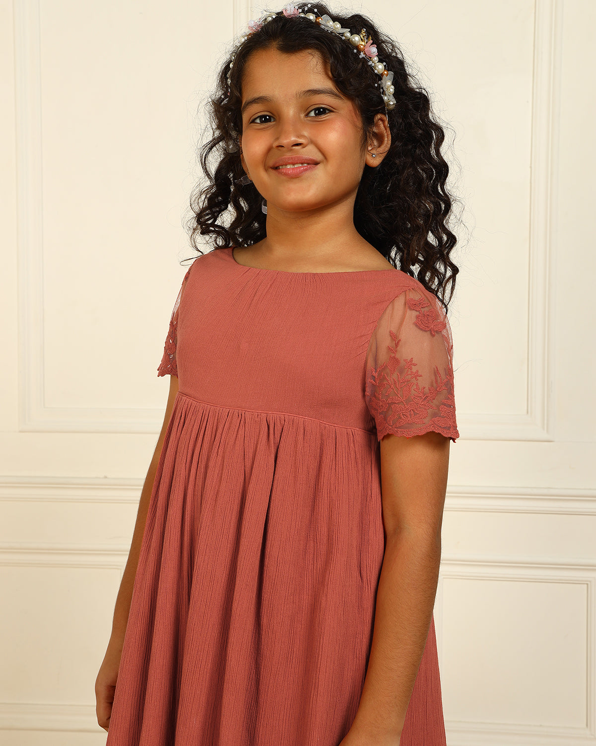 Girls Rust Lace Sleeve Flared Dress