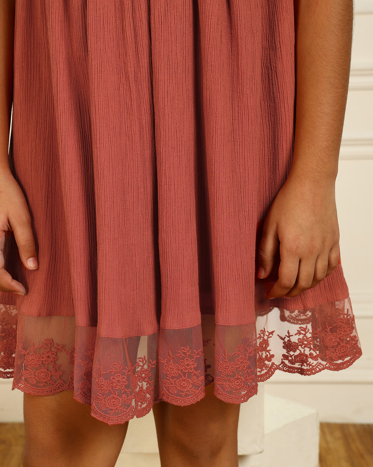 Girls Rust Lace Sleeve Flared Dress