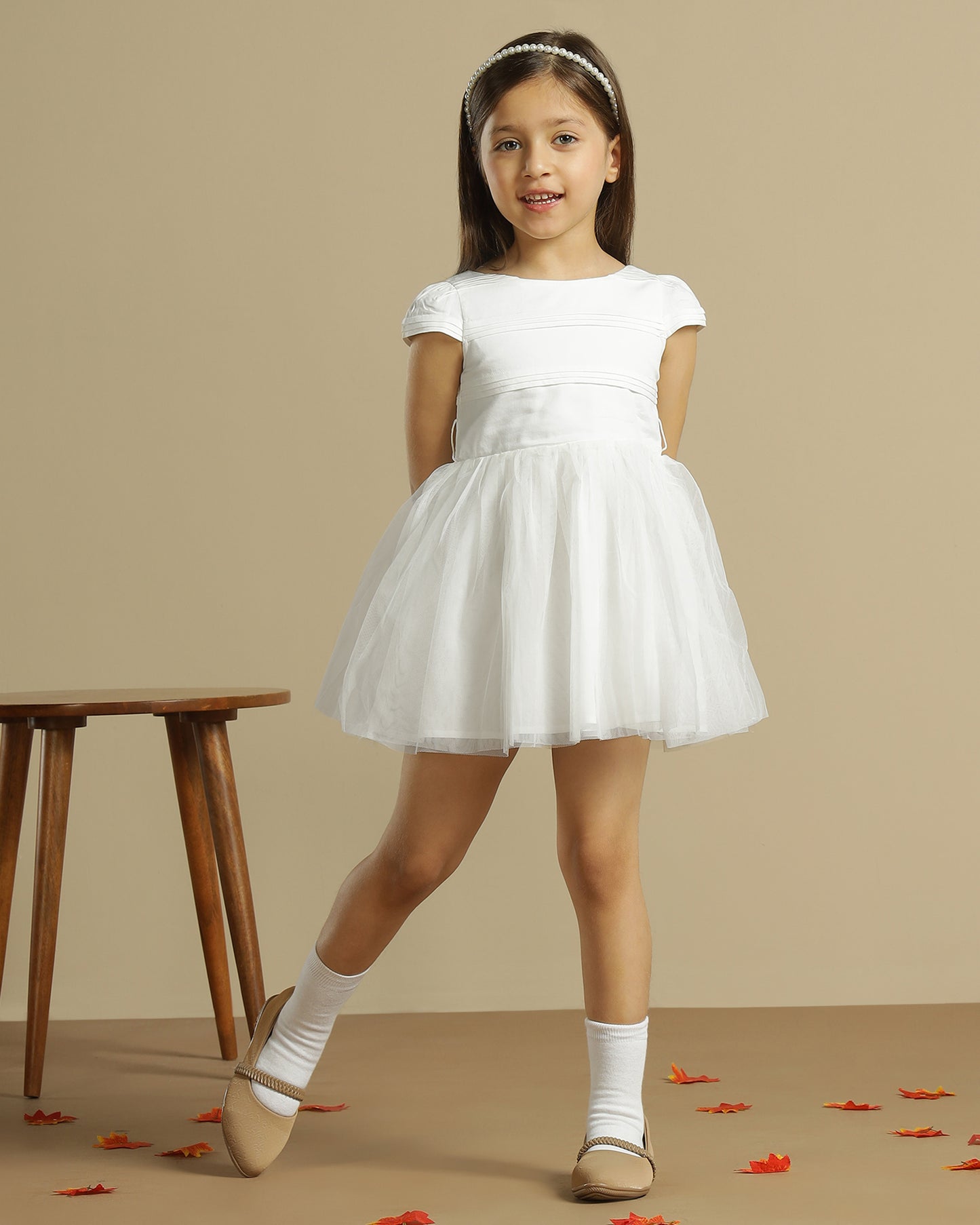 Girls White Pleated Dress