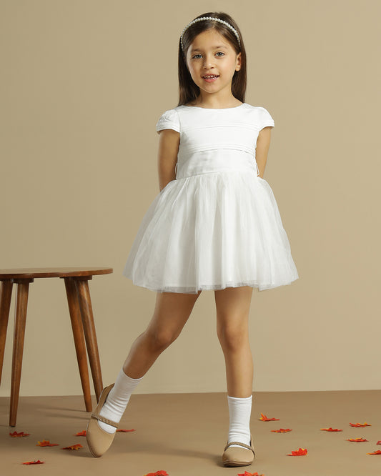 Girls White Pleated Dress
