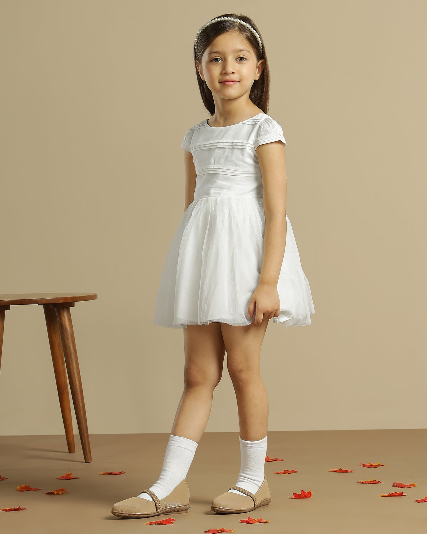 Girls White Pleated Dress