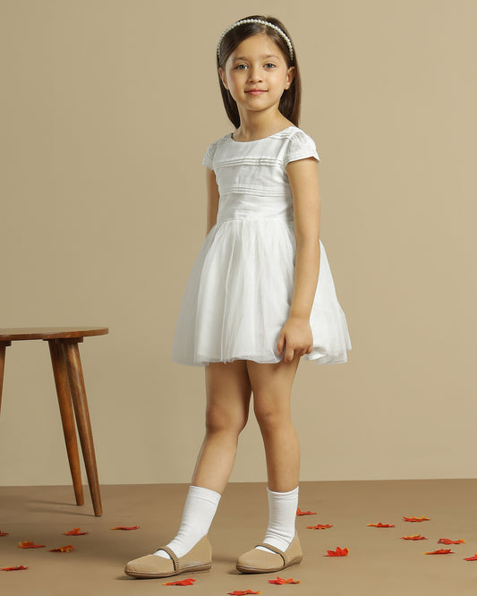 Girls White Pleated Dress