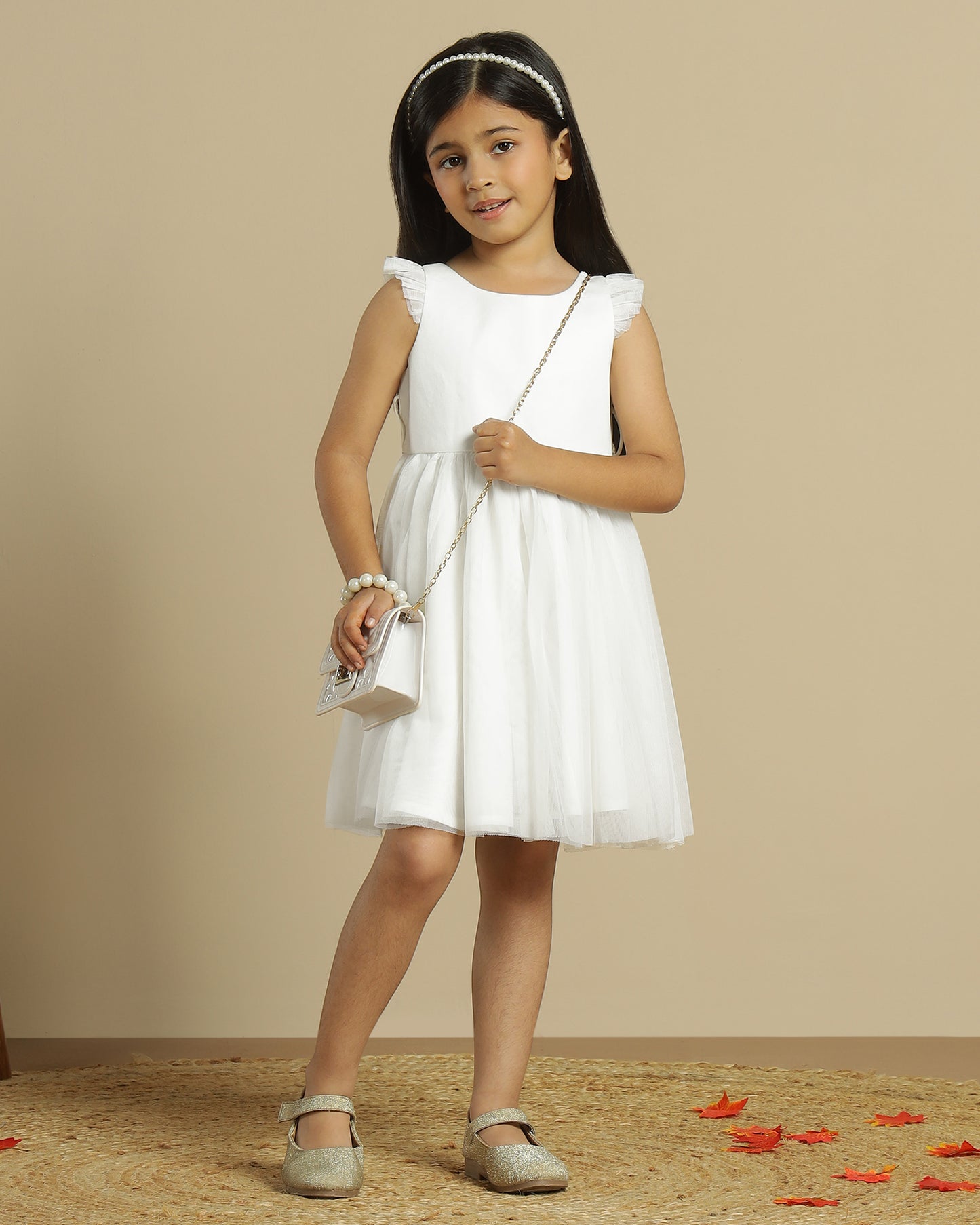 Girls White Pleated Net Sleeve Dress