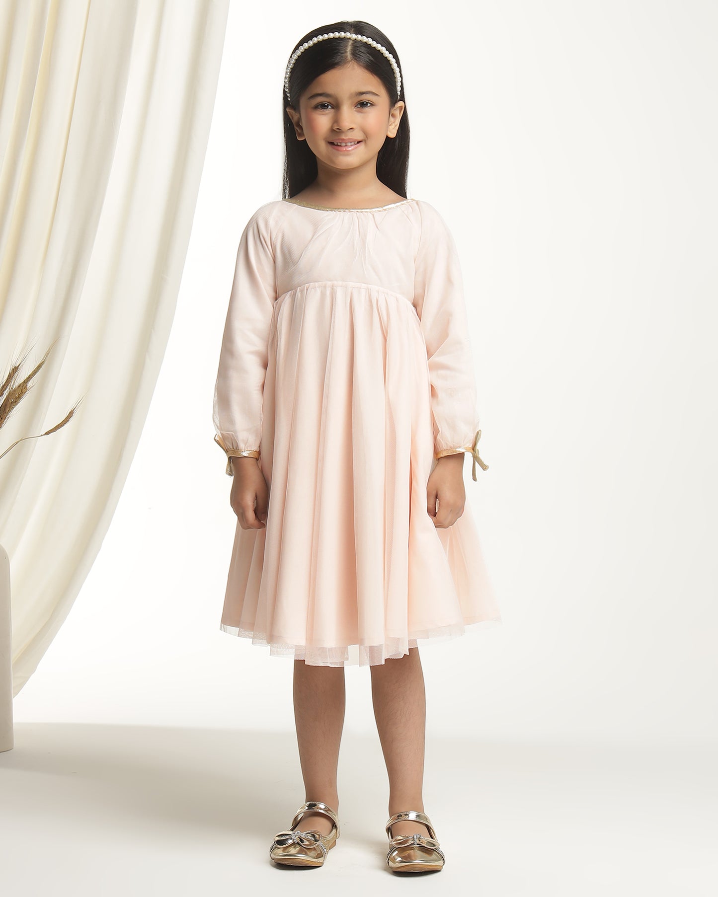 Girls Beige Tie-Up Sleeves Dress