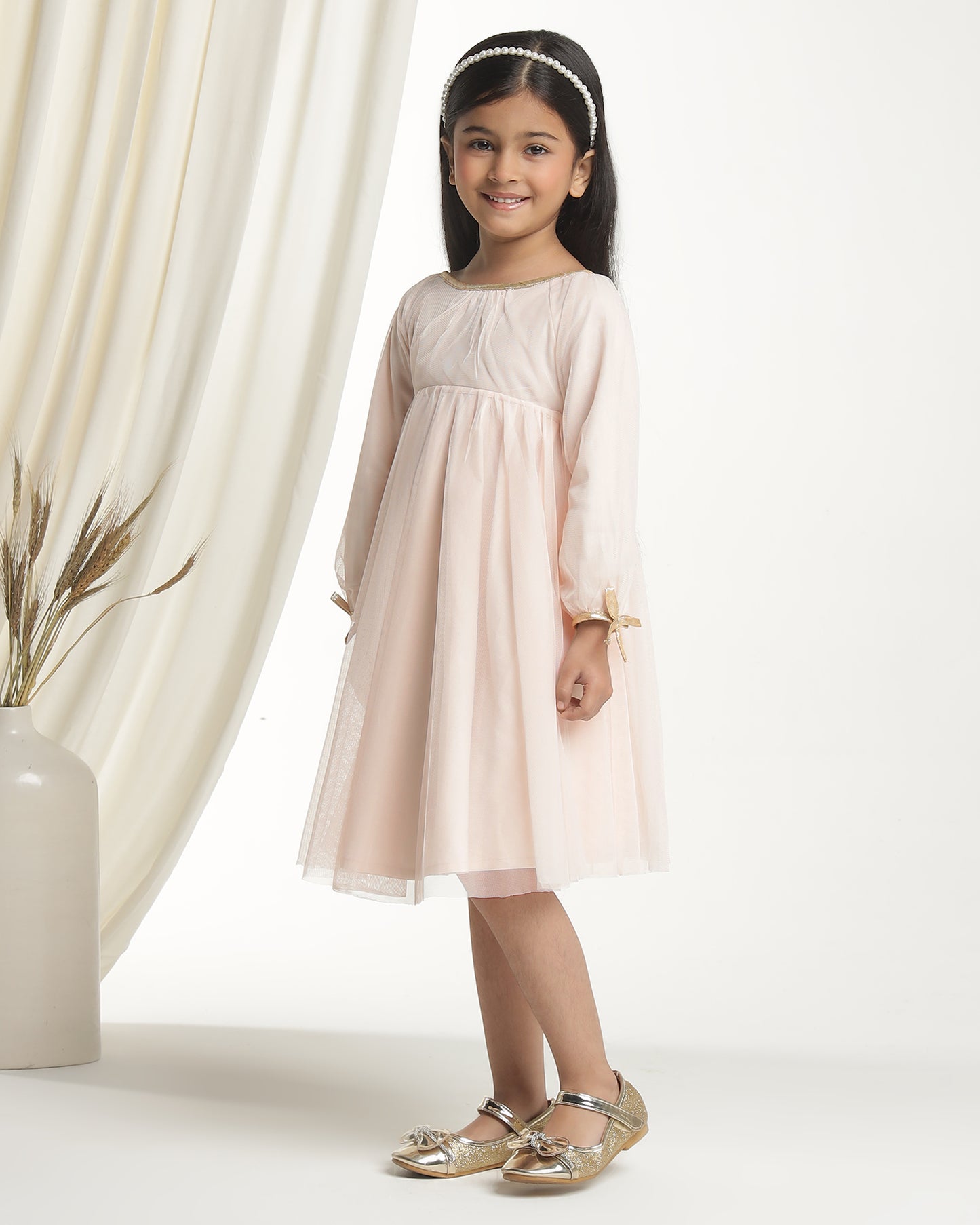 Girls Beige Tie-Up Sleeves Dress