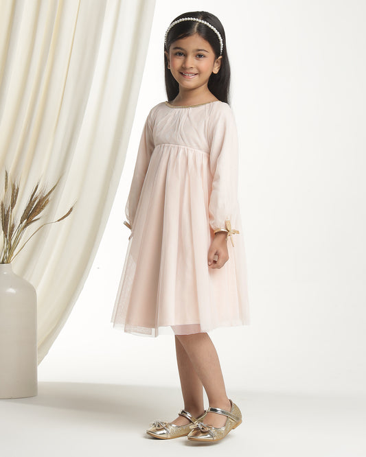 Girls Beige Tie-Up Sleeves Dress