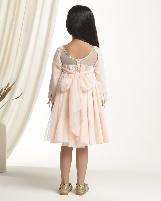 Girls Beige Tie-Up Sleeves Dress