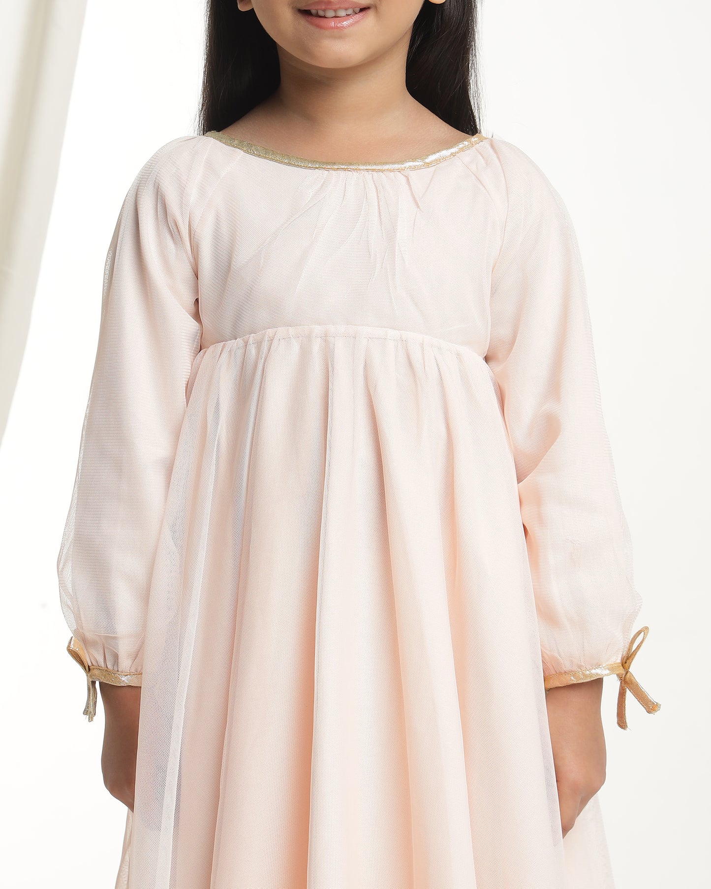 Girls Beige Tie-Up Sleeves Dress