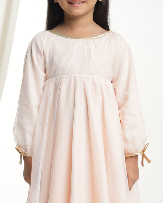 Girls Beige Tie-Up Sleeves Dress