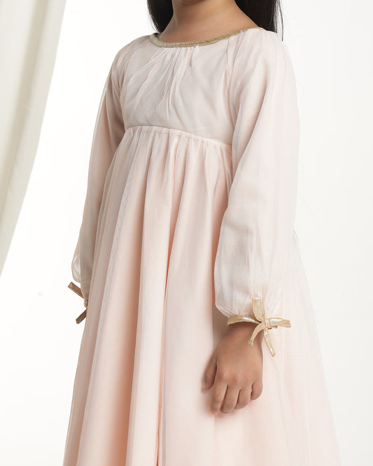 Girls Beige Tie-Up Sleeves Dress