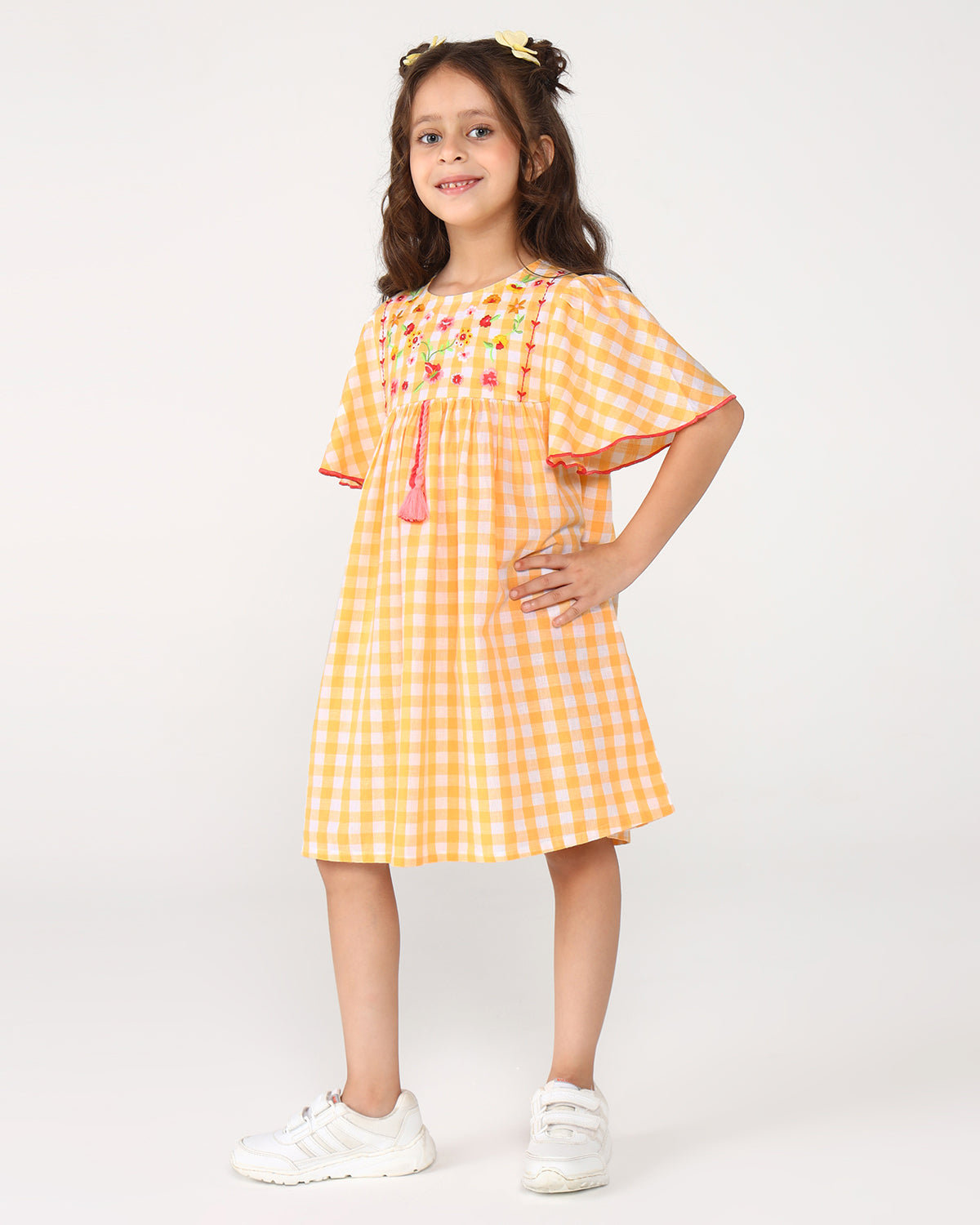 Girls Yellow Checked Embroidered Dress