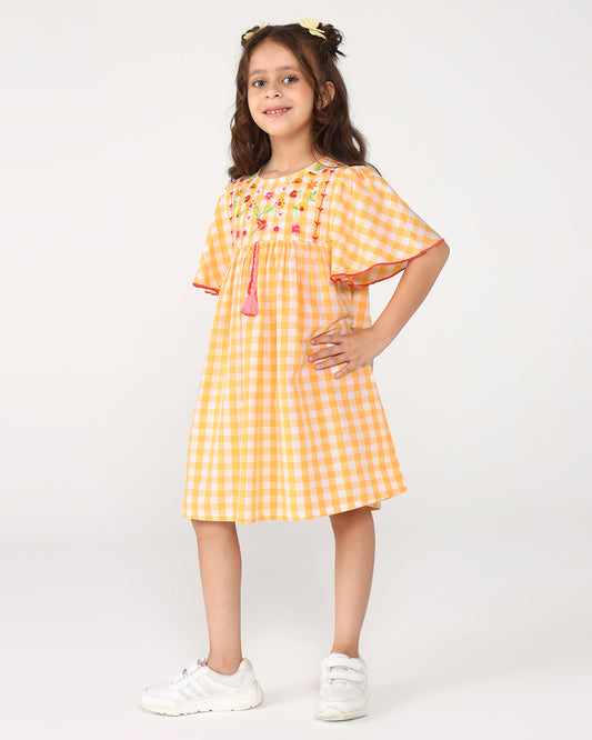Girls Yellow Checked Embroidered Dress