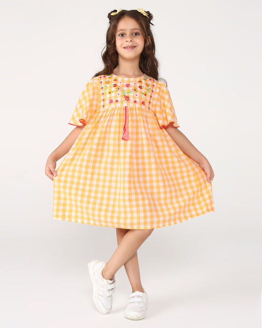 Girls Yellow Checked Embroidered Dress