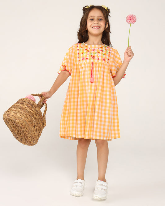 Girls Yellow Checked Embroidered Dress