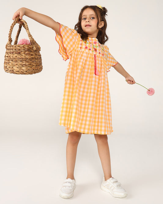 Girls Yellow Checked Embroidered Dress