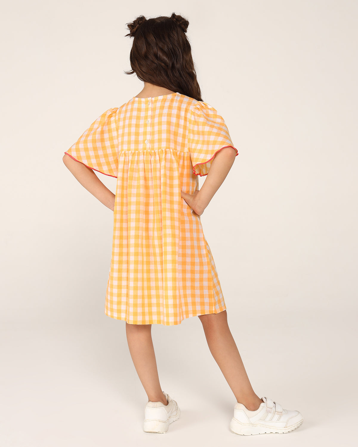 Girls Yellow Checked Embroidered Dress