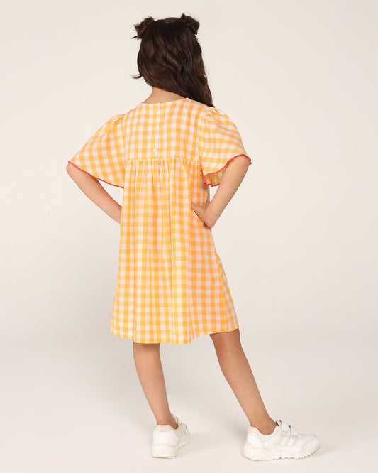 Girls Yellow Checked Embroidered Dress