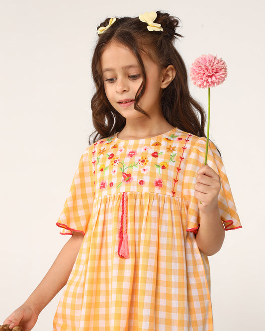 Girls Yellow Checked Embroidered Dress