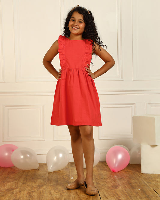 Girls Red V-Strap Dress