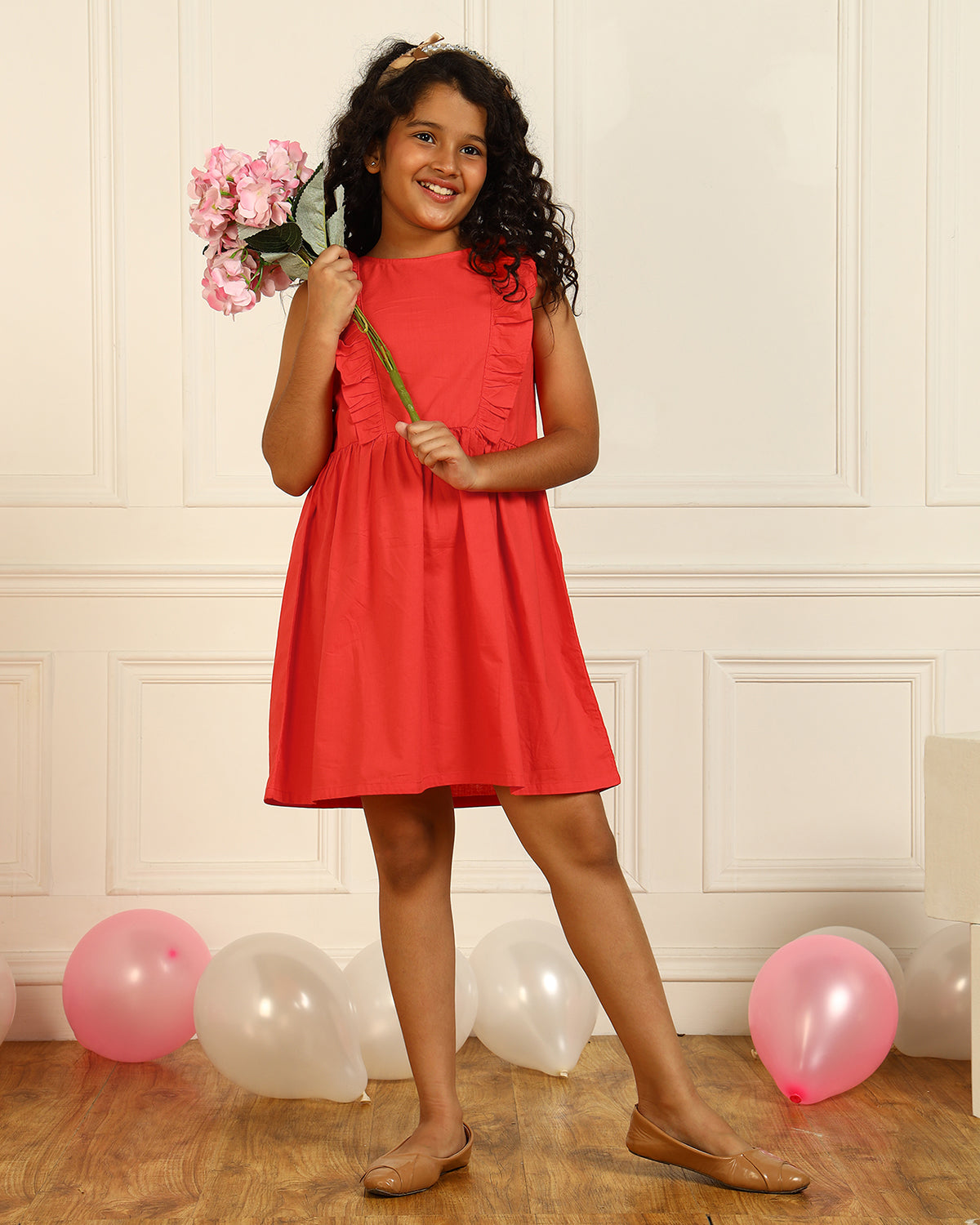 Girls Red V-Strap Dress