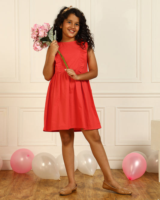 Girls Red V-Strap Dress