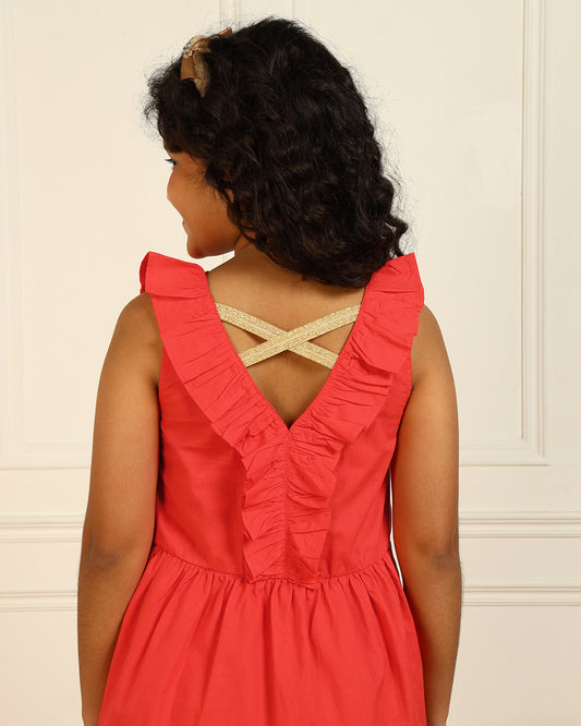 Girls Red V-Strap Dress