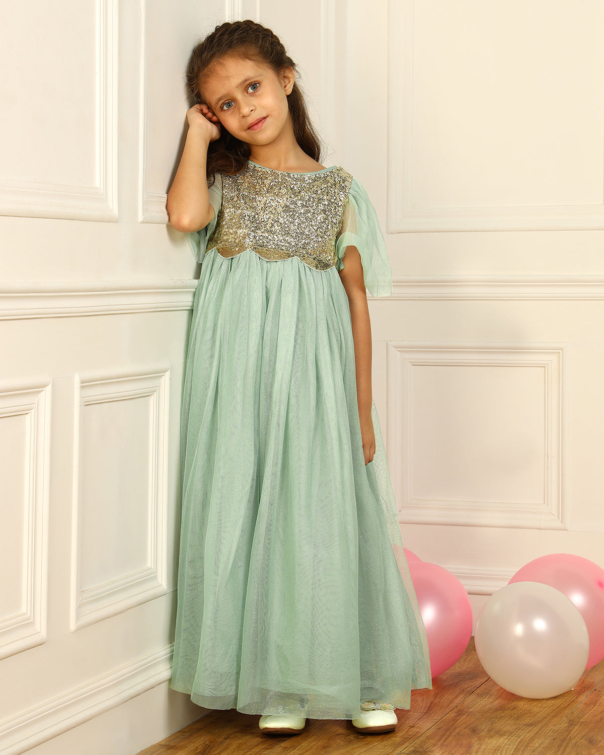 Girls Sage Green Sequin Dress