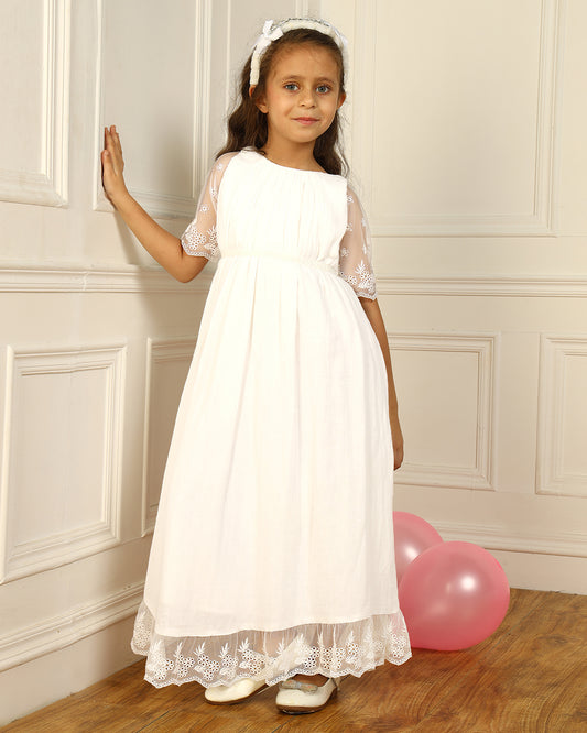 Girls White Embroidered Dress