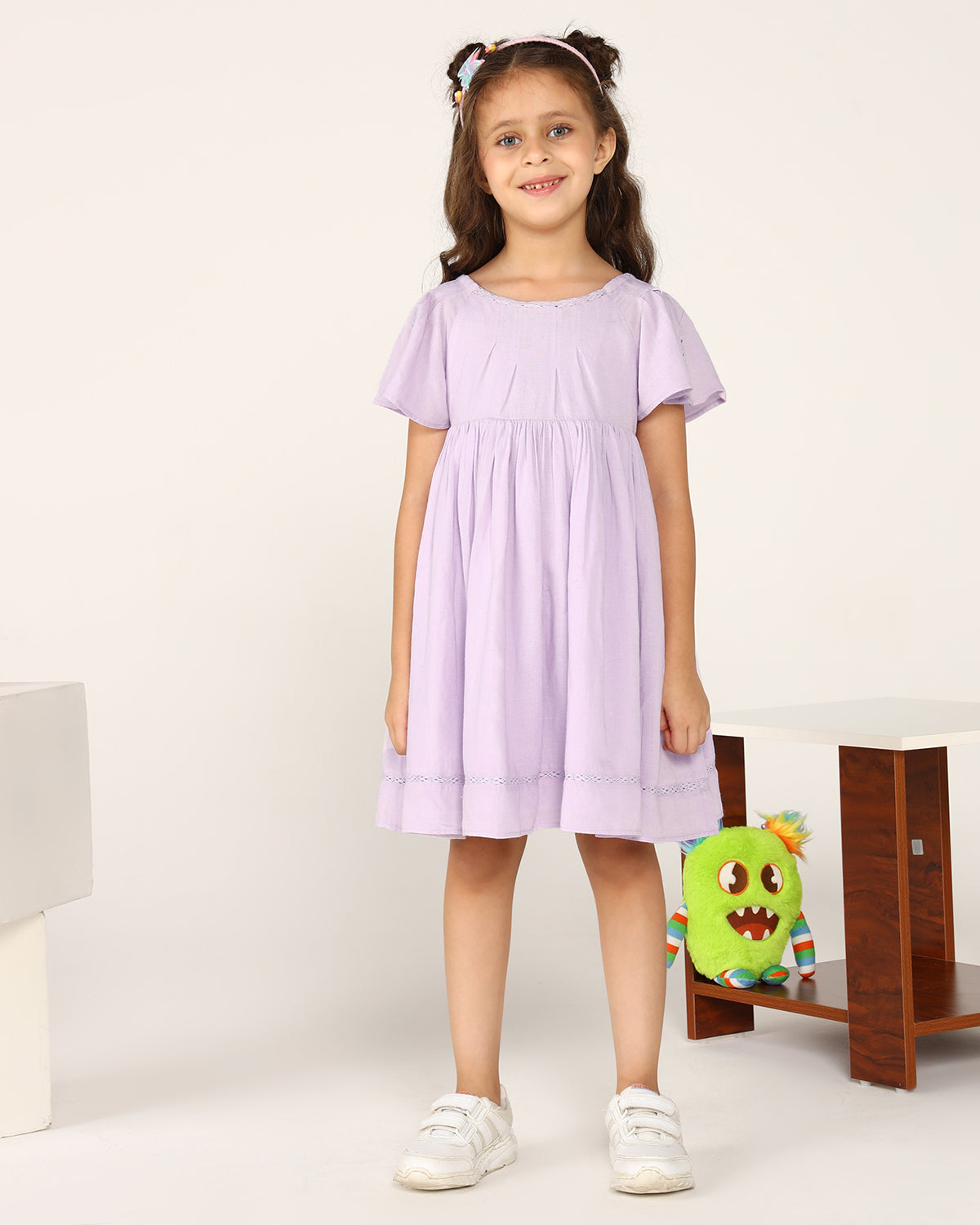 Girls Lavender Solid Fit & Flare Dress with Smocked Sleeves