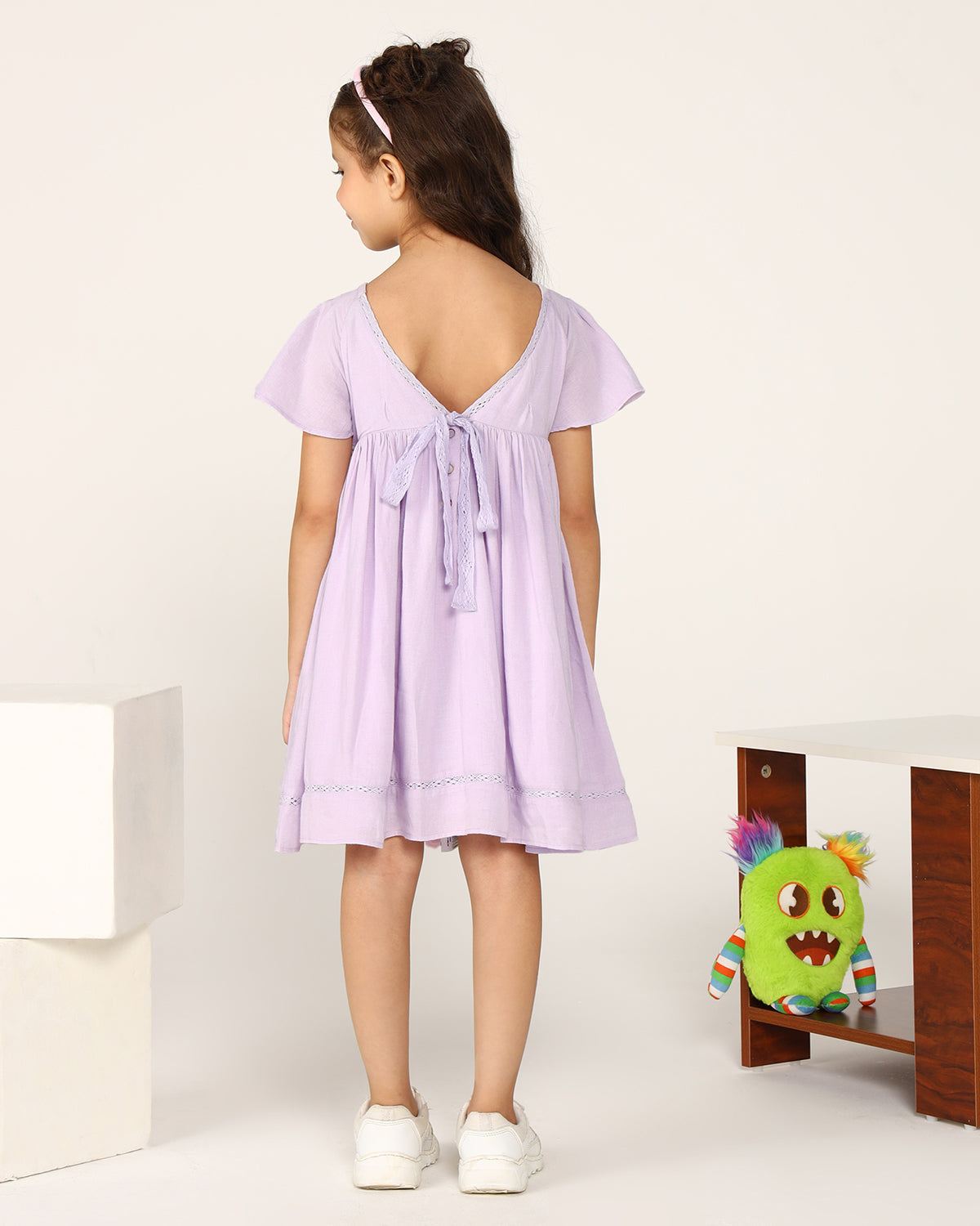 Girls Lavender Solid Fit & Flare Dress with Smocked Sleeves