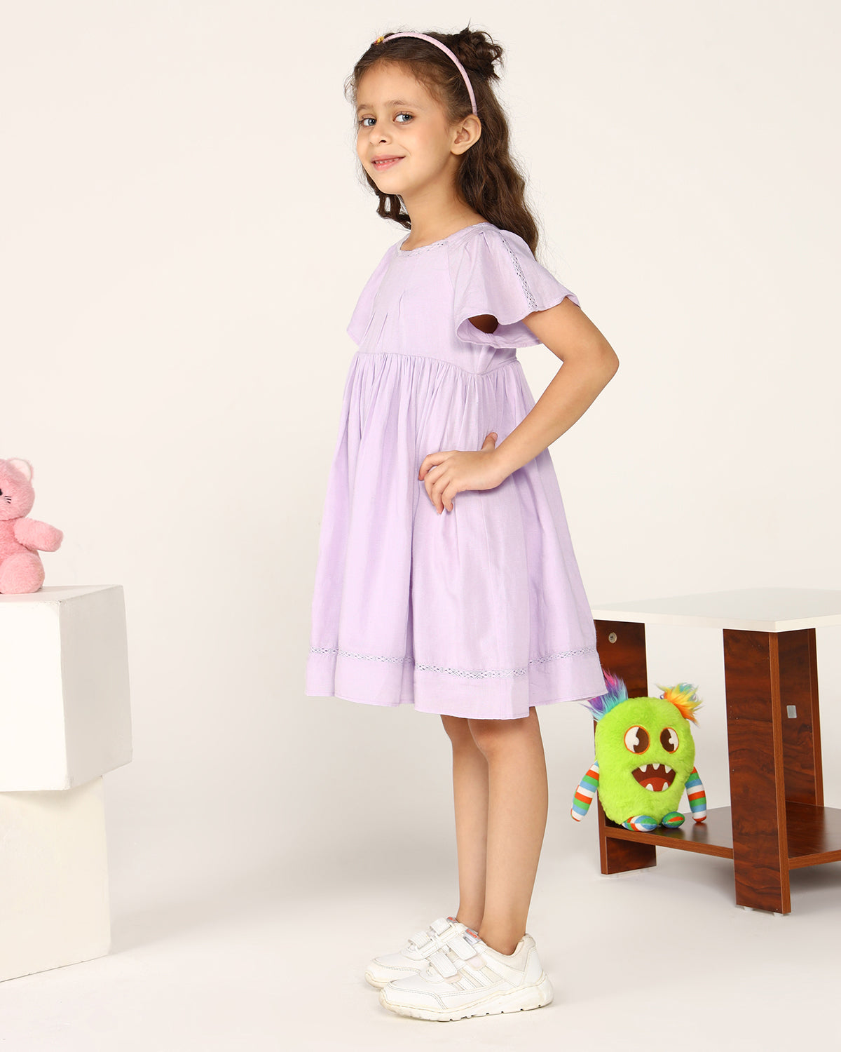 Girls Lavender Solid Fit & Flare Dress with Smocked Sleeves