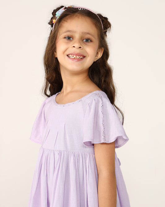 Girls Lavender Solid Fit & Flare Dress with Smocked Sleeves